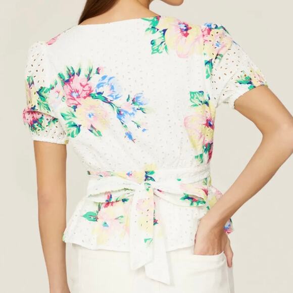 Slate & Willow Women's Floral Tie Peplum Top Medium White Multicolored - Picture 8 of 16